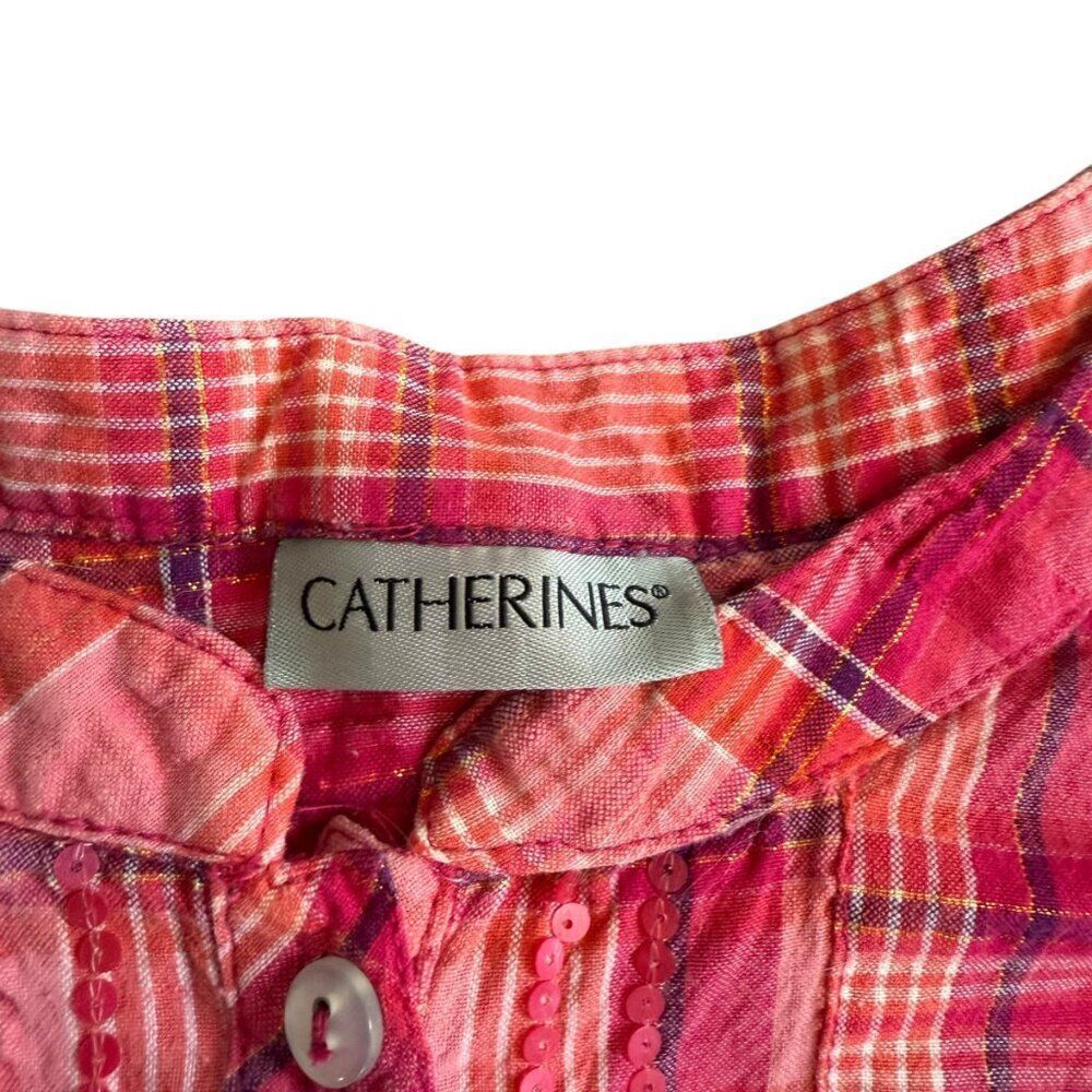 Catherine's Pink Plaid Top Womens Plus 3X Seersucker Long Sleeve Half Button - Picture 5 of 8